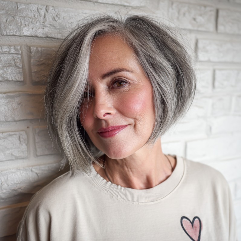 Trendy Silver Asymmetrical Bob with Soft Volume