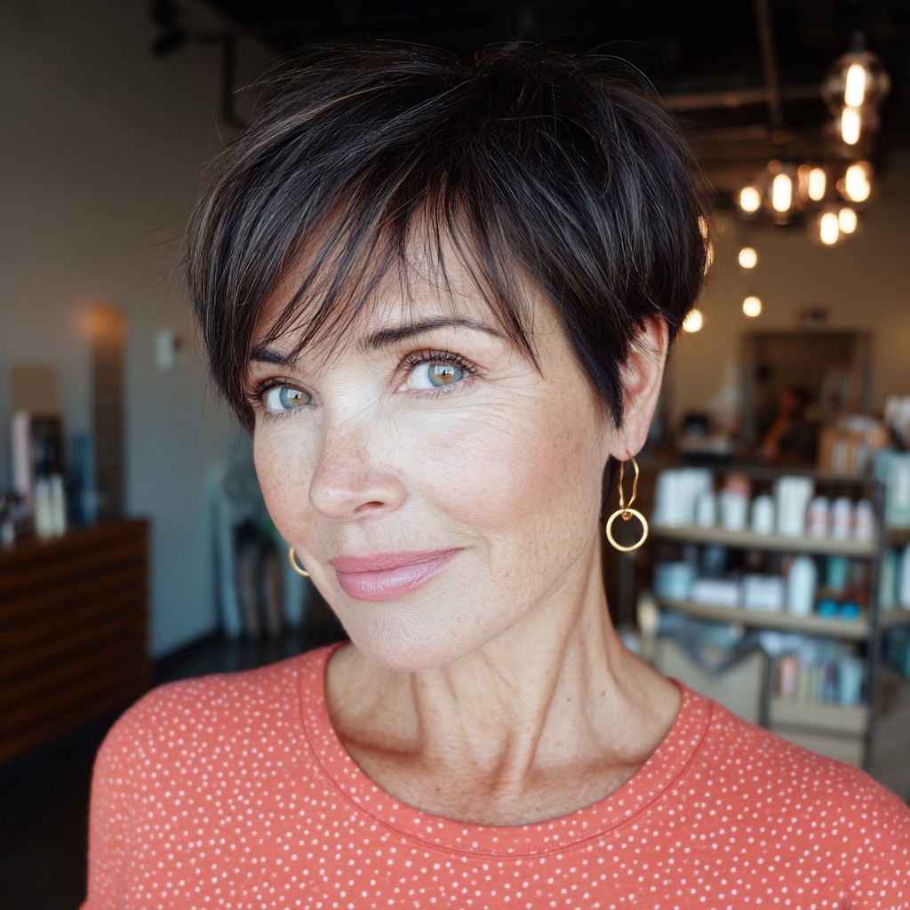 Chic Dark Chocolate Pixie Cut with Long Textured Bangs