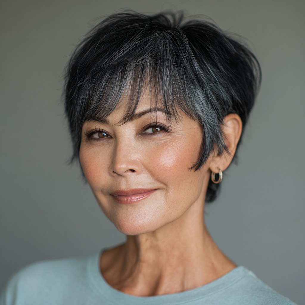 Chic Textured Pixie Cut with Long Fringed Bangs