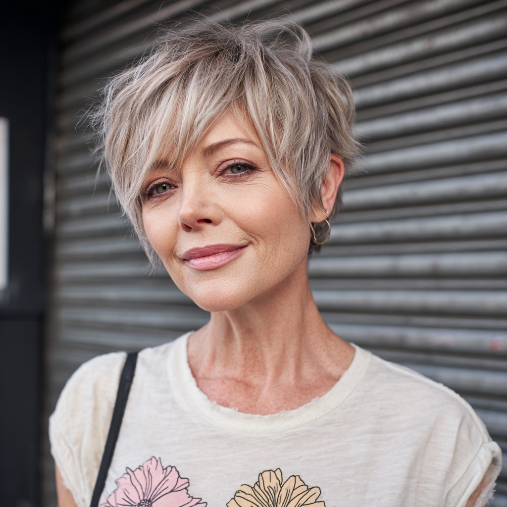 Chic Textured Pixie Cut with Long Wispy Bangs