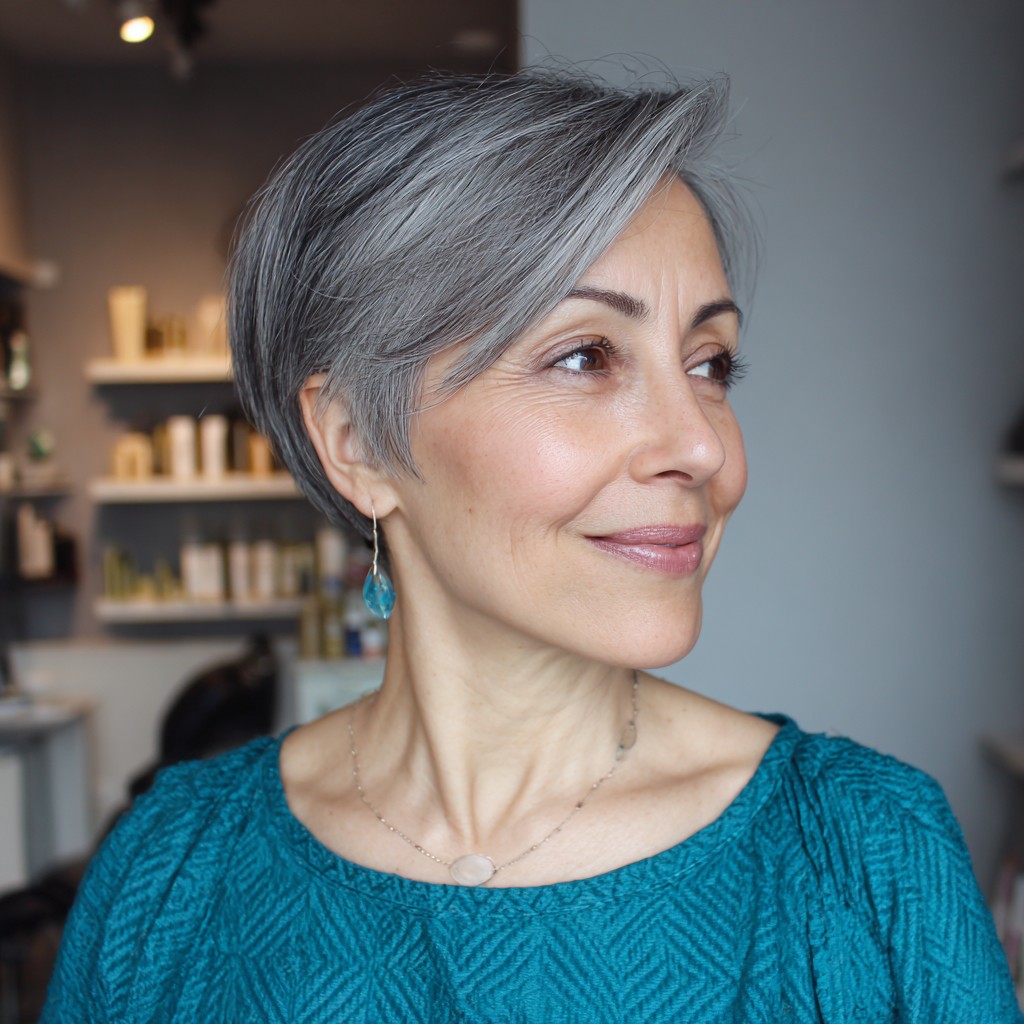 Elegant Short Pixie Cut with Long Layered Bangs