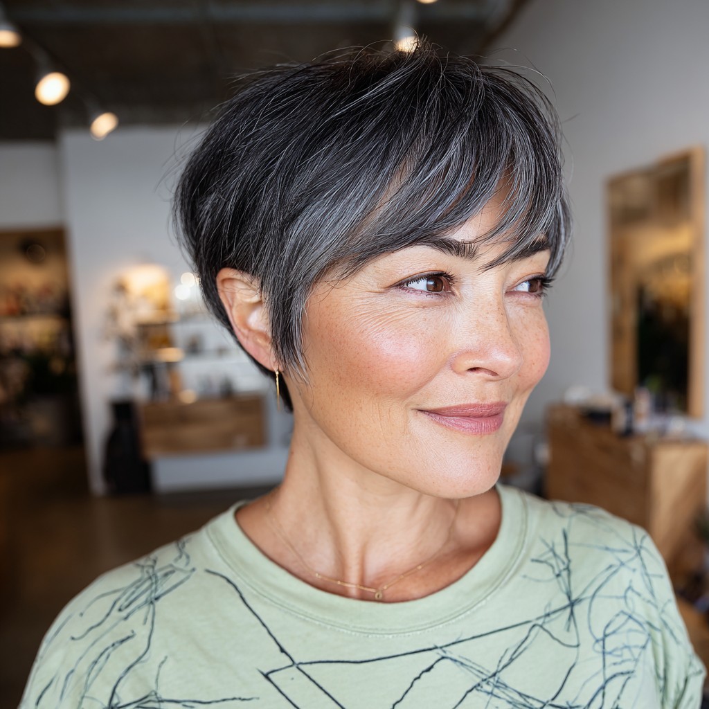 Modern Gray Pixie Cut with Soft Long Bangs