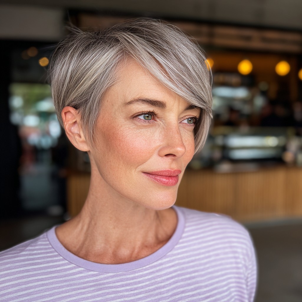 Polished Silver Pixie Cut with Long Side Bangs