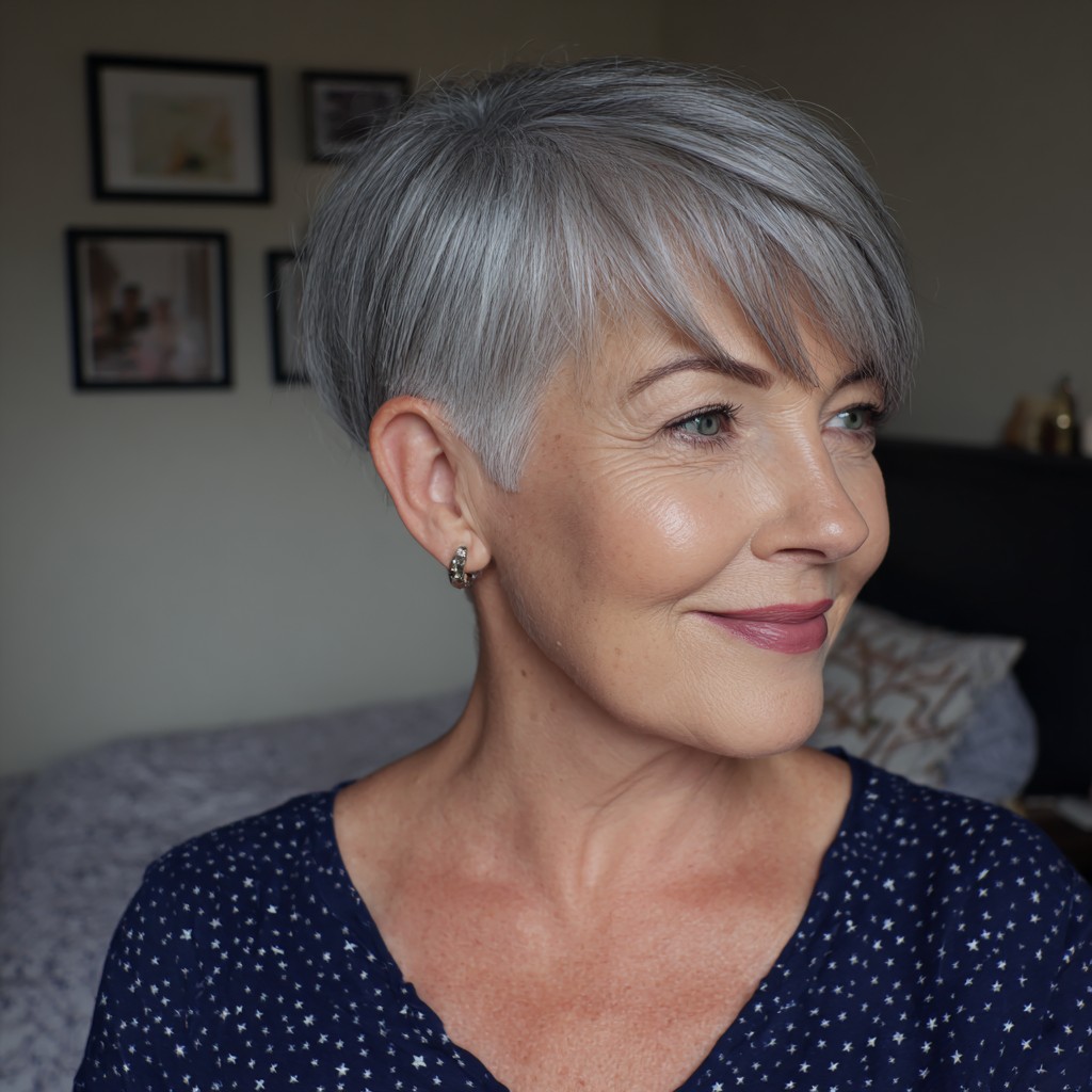 Sleek Silver Pixie Cut with Long Bangs