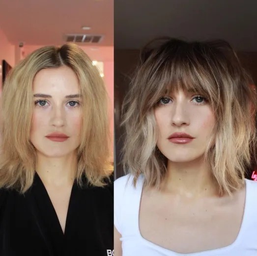 Textured Bob with Soft Blunt Bangs for Square Faces