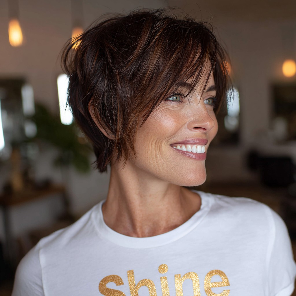 Textured Chocolate Pixie Cut with Long Face-Framing Bangs