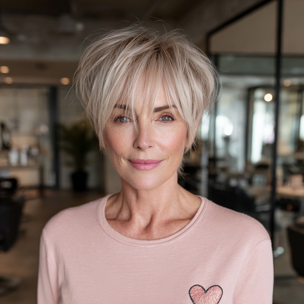 Textured Platinum Pixie Cut with Face-Framing Bangs