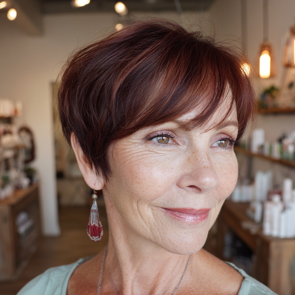 Warm Auburn Pixie Cut with Soft Side Swept Bangs
