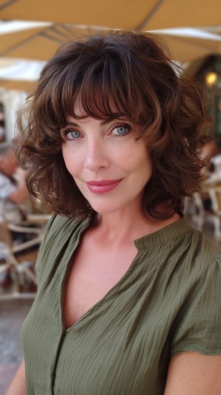 Chic Curly Layered Cut with Soft Bangs