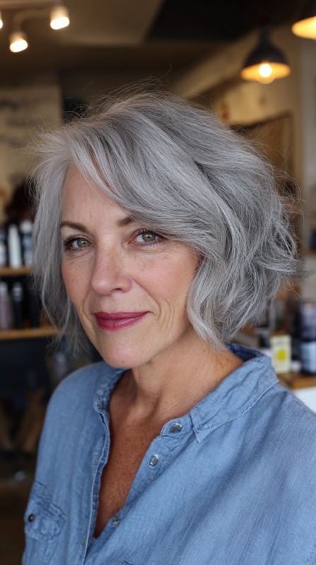 Chic Textured Gray Bob with Soft Waves