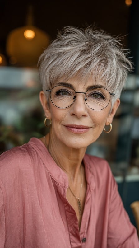 Chic Textured Short Silver Pixie with Lively Volume