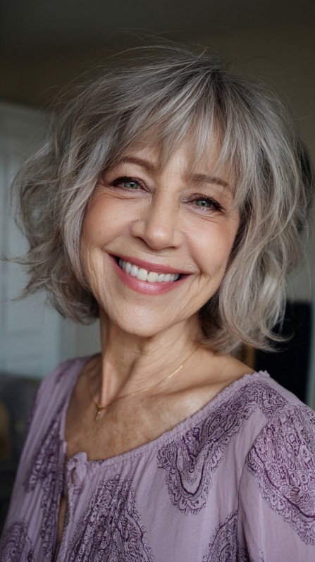 Playful Textured Gray Bob with Subtle Volume