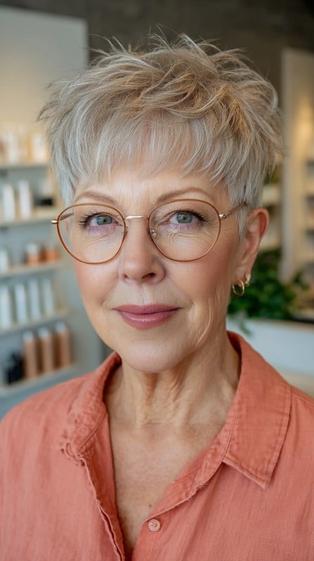 Textured Short Platinum Pixie with Lively Volume