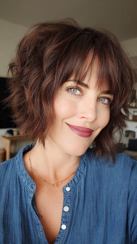 Textured Wavy Bob with Soft Bangs