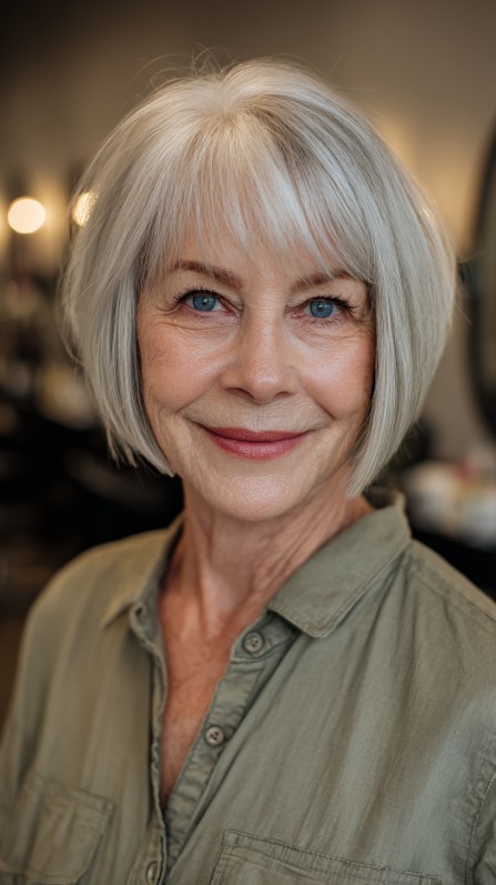 Chic Silver Blunt Bob with Soft Textured Ends