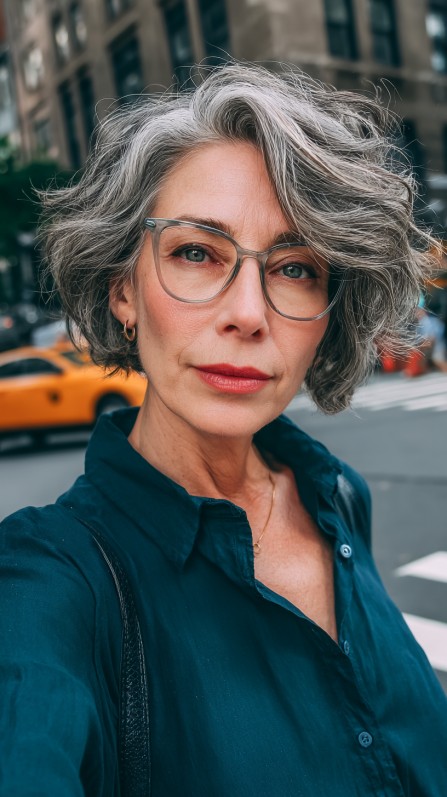 Chic Textured Curly Cut with Silver Highlights