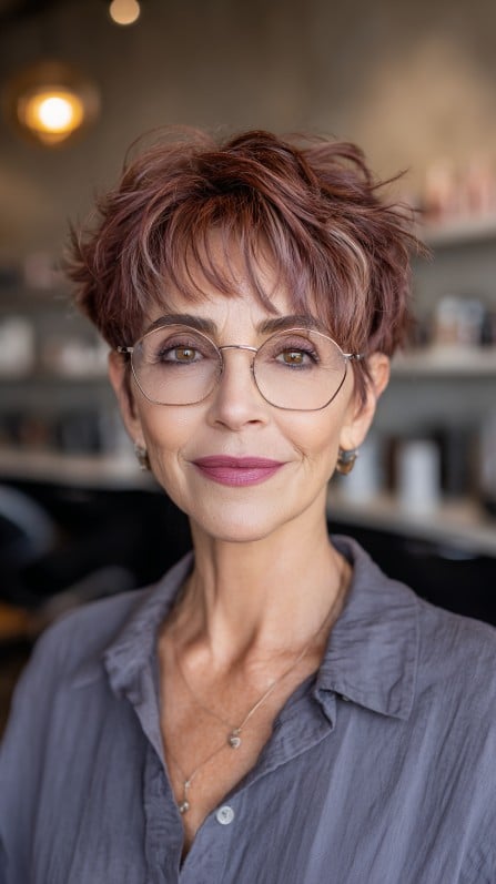 Chic Textured Pixie Cut with Subtle Rose Highlights