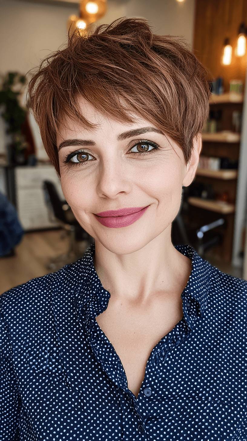 Chic Textured Pixie Cut with Warm Auburn Tones