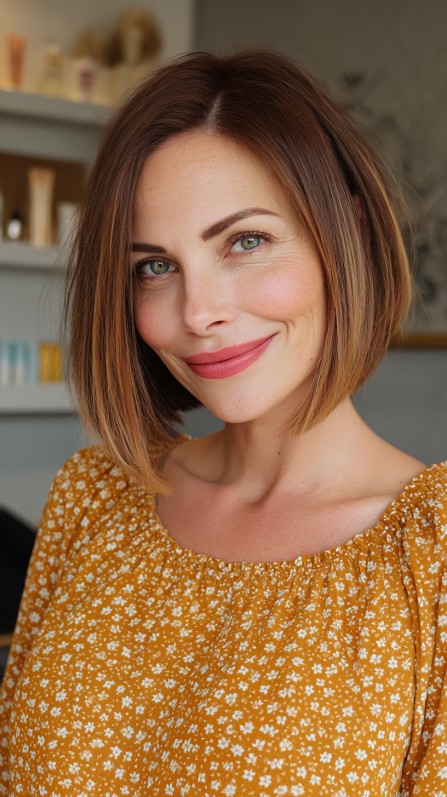 Chic Warm Brown Blunt Bob with Subtle Layers