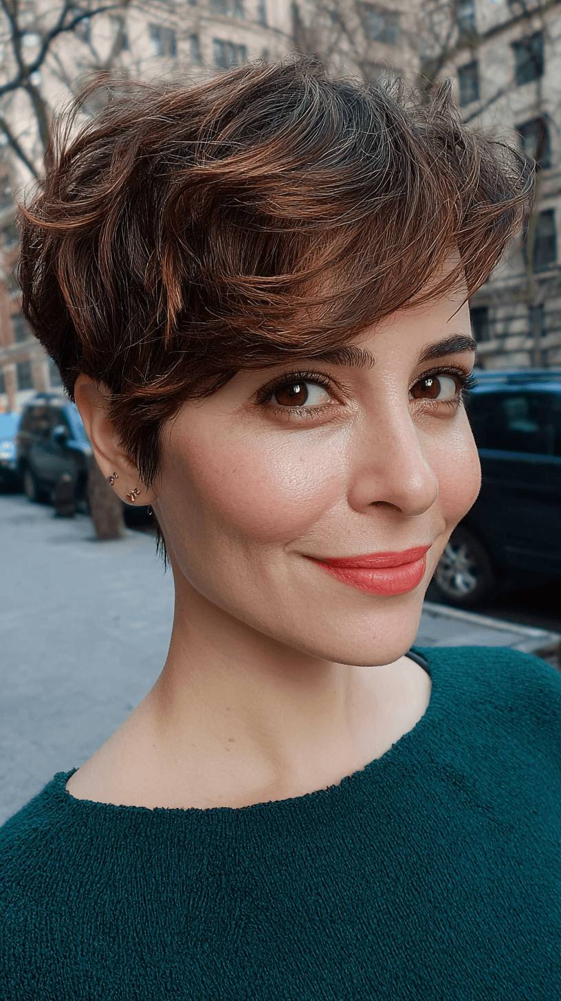 Chic Wavy Pixie Cut with Rich Chestnut Highlights
