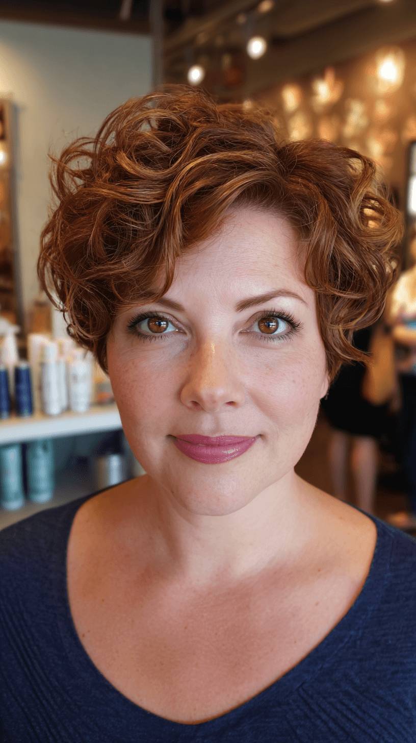 Textured Curly Pixie with Warm Copper Highlights