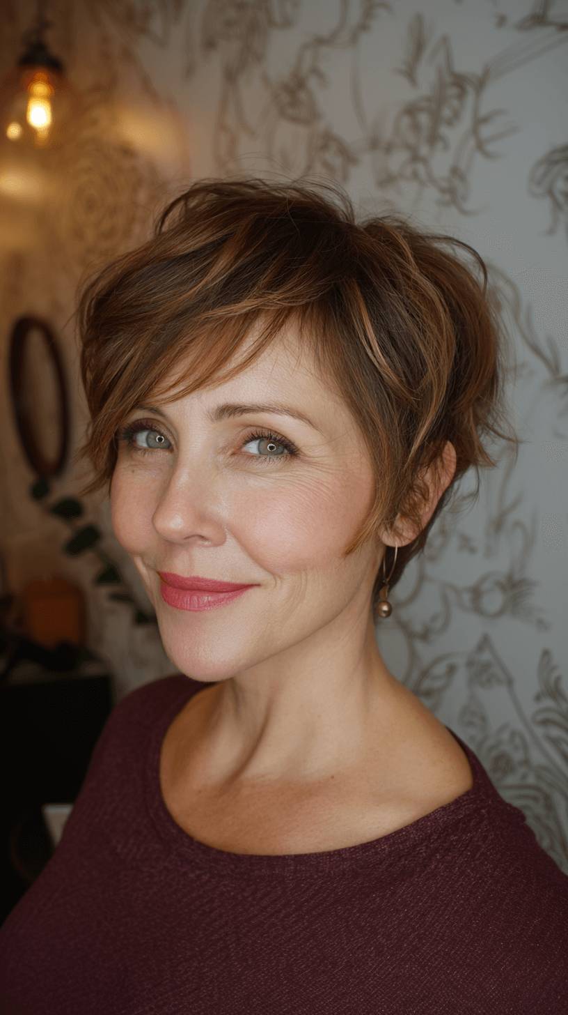 Textured Pixie with Subtle Highlights and Soft Side Swept Bangs