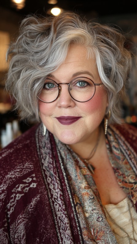 Textured Silver Curly Bob with Face-Framing Layers