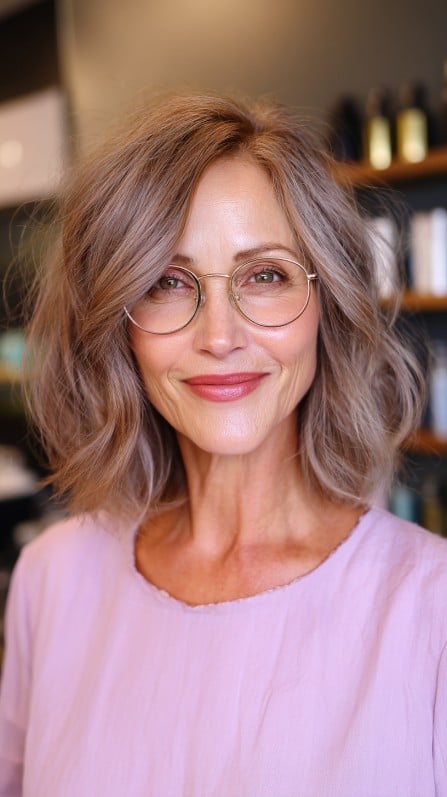 Textured Wavy Lob with Soft Ash Blonde Highlights