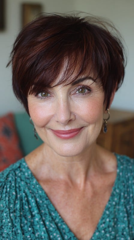 Chic Textured Pixie Cut with Soft, Long Bangs