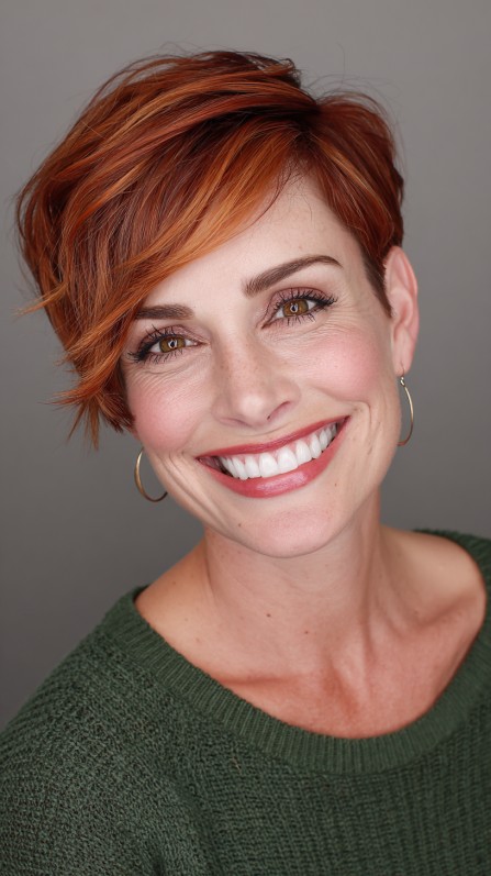 Chic Textured Copper Pixie Cut with Soft Layers