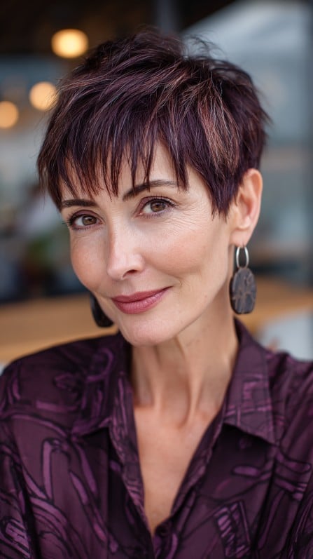 Chic Textured Pixie Cut with Long Bangs and Subtle Highlights
