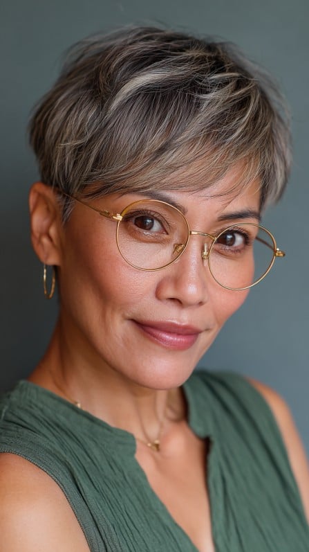 Chic Textured Silver Pixie with Long Bangs