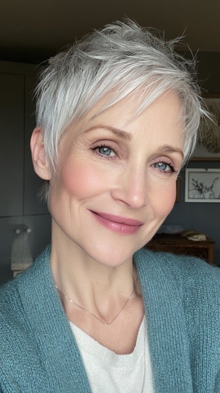 Effortlessly Styled Silver Pixie Cut with Feathered Layers