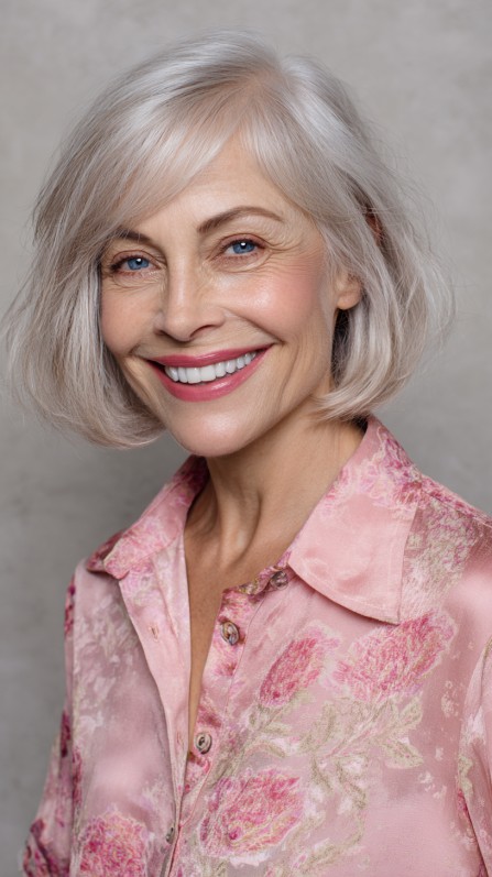 Elegant Silver Blunt Bob with Soft Face-Framing Layers