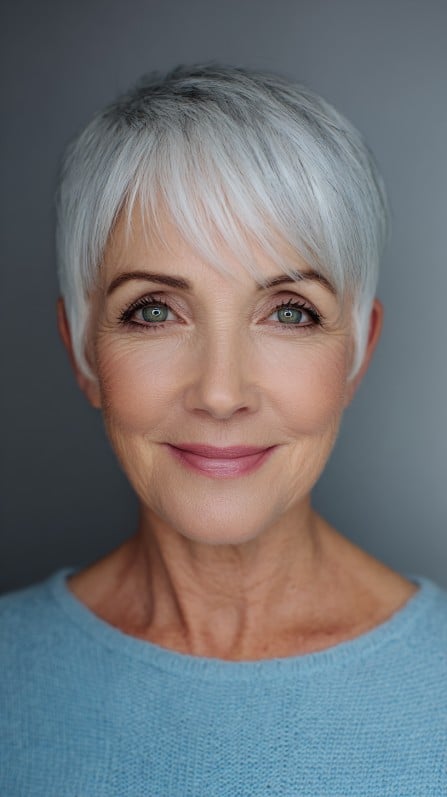 Elegant Silvery Pixie Cut with Soft Bangs