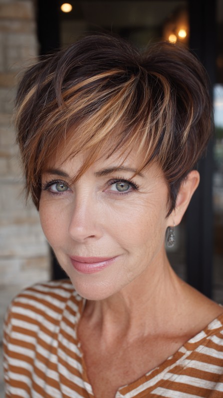 Elegant Stacked Pixie with Soft Caramel Highlights