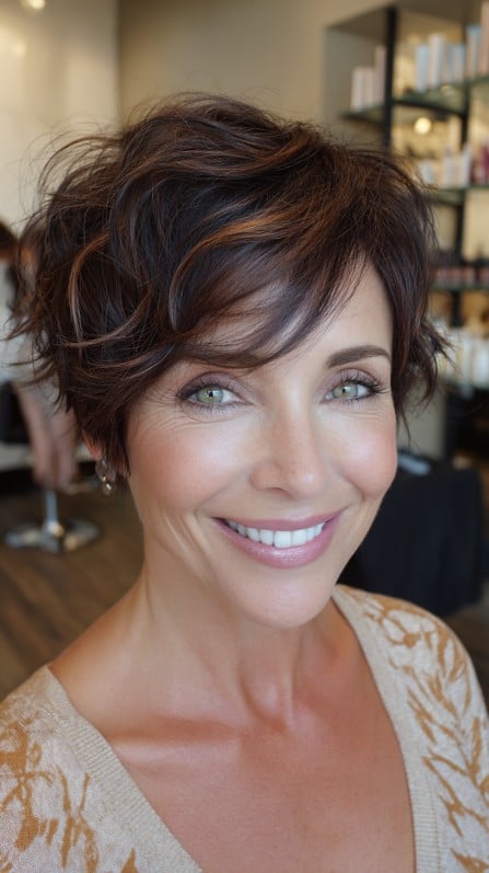 Rich Chocolate Stacked Pixie with Soft Textured Layers