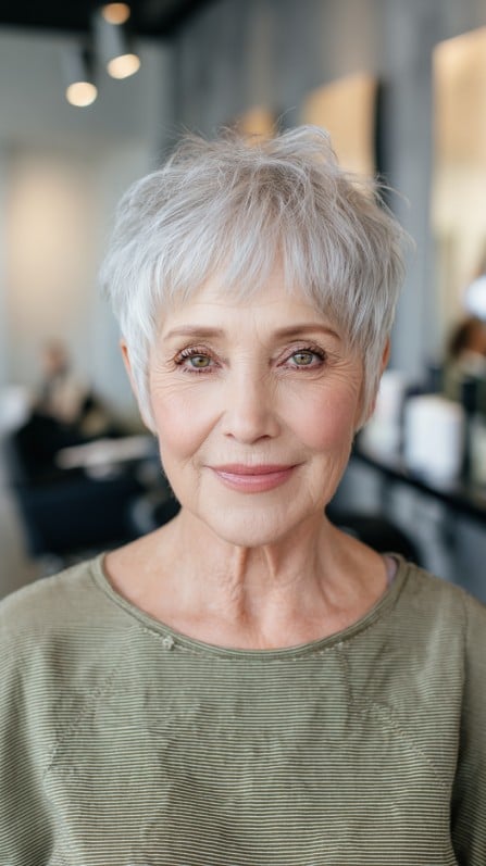 Softly Textured Silver Pixie Cut with Feathered Layers