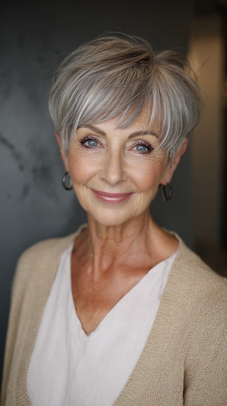 Softly Textured Silver Pixie with Long Bangs