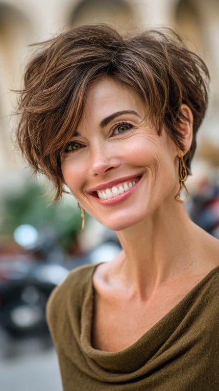 Textured Brunette Pixie Cut with Playful Volume