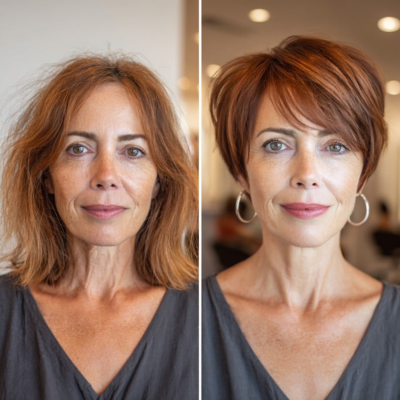 Textured Copper Pixie Cut with Side-Swept Bangs