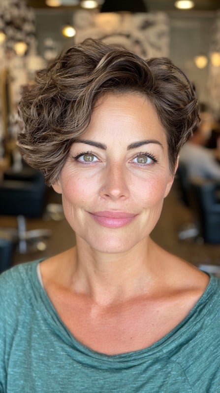 Textured Curly Pixie Cut with Side-Swept Bangs