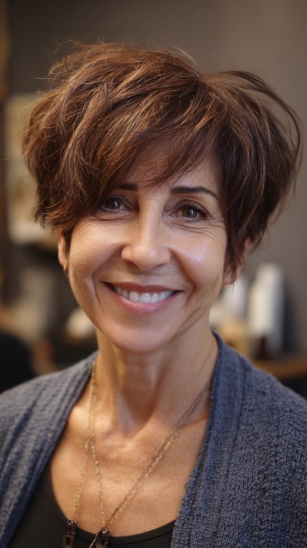 Textured Pixie Cut with Playful Volume and Long Bangs