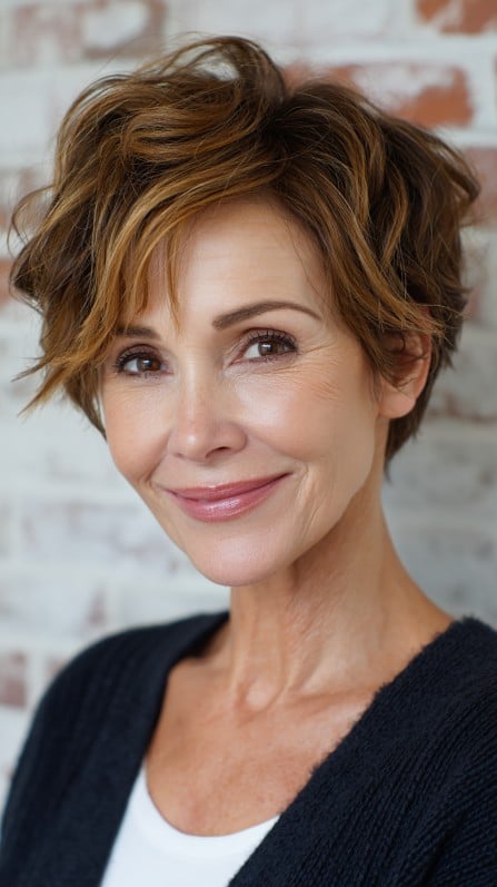 Textured Short Curly Cut with Warm Highlights