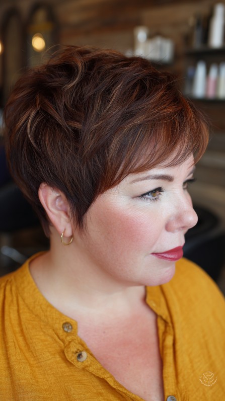 Warm Toned Stacked Pixie with Textured Layers