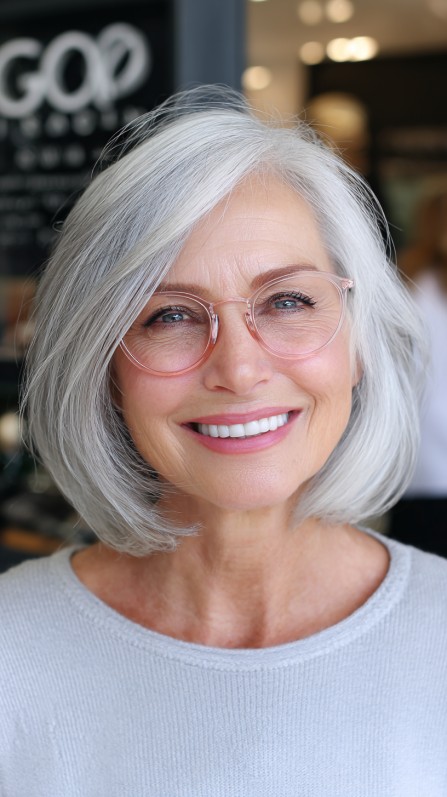 Softly Textured Silver Skimmed Bob with Subtle Layers