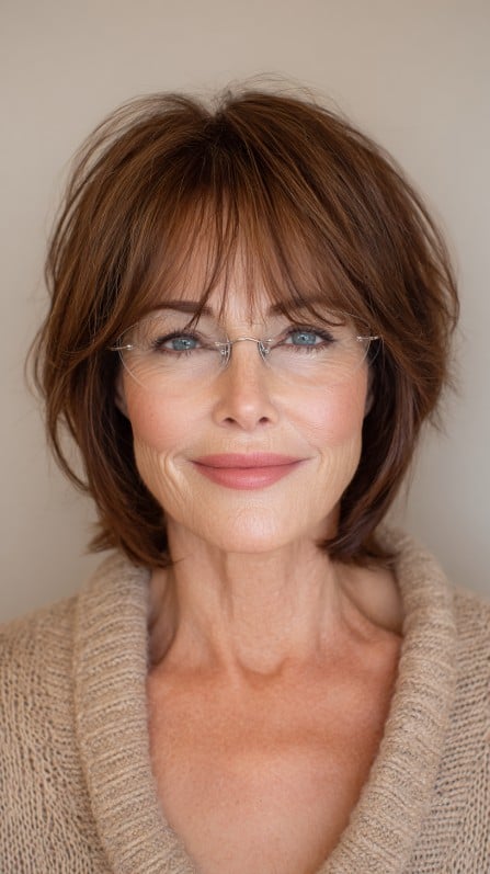 Chic Layered Brunette Bob with Soft Bangs