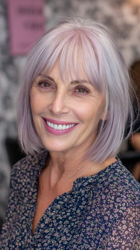 Chic Layered Lavender Bob with Soft Bangs