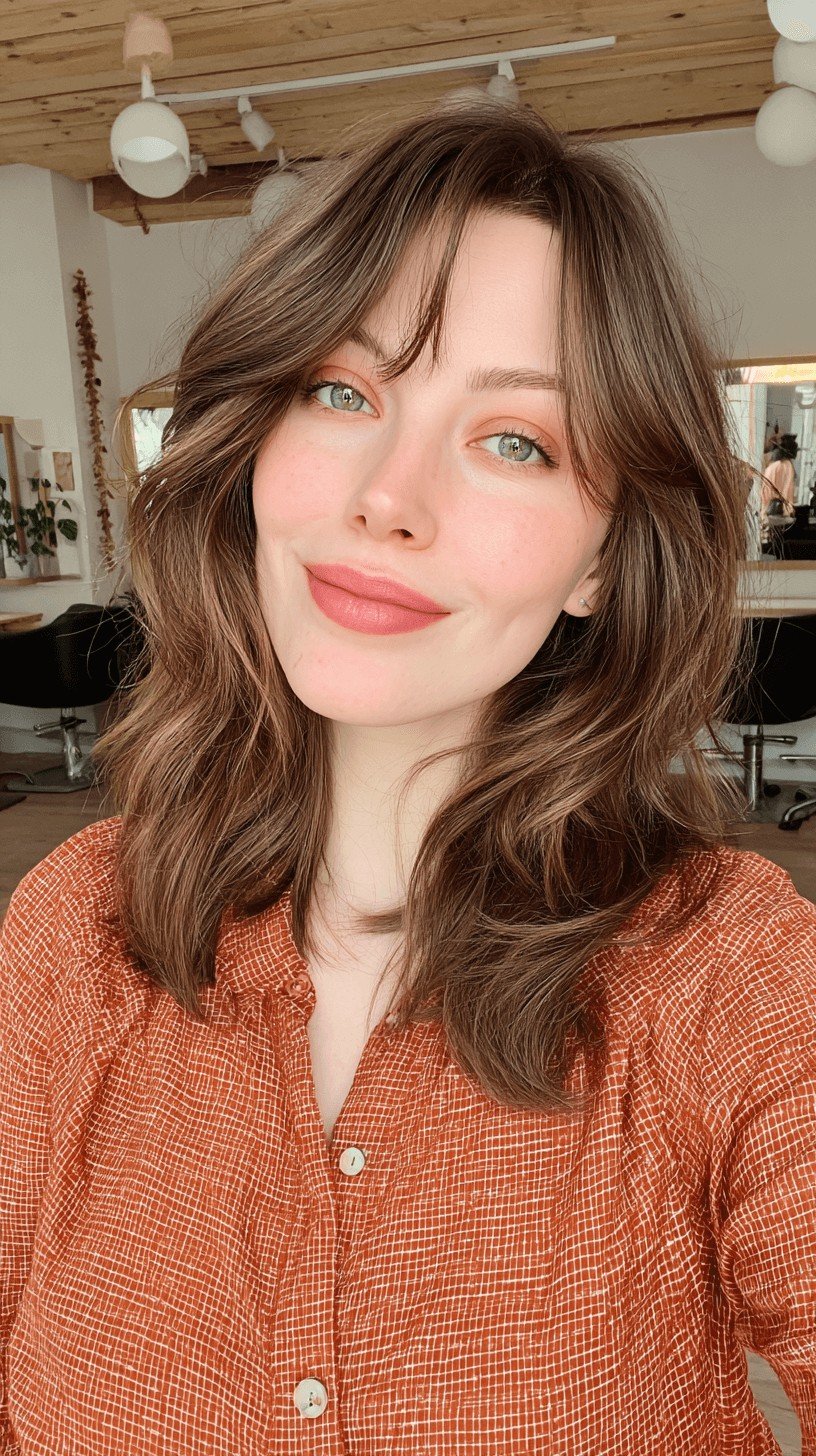 Chic Layered Wavy Hairstyle with Soft Bangs