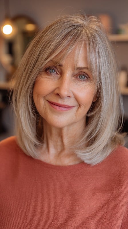 Chic Softly Layered Blonde Cut with Face-Framing Bangs